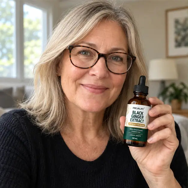 Woman in a cozy sweater holding FREJALIFE Black Ginger Extract